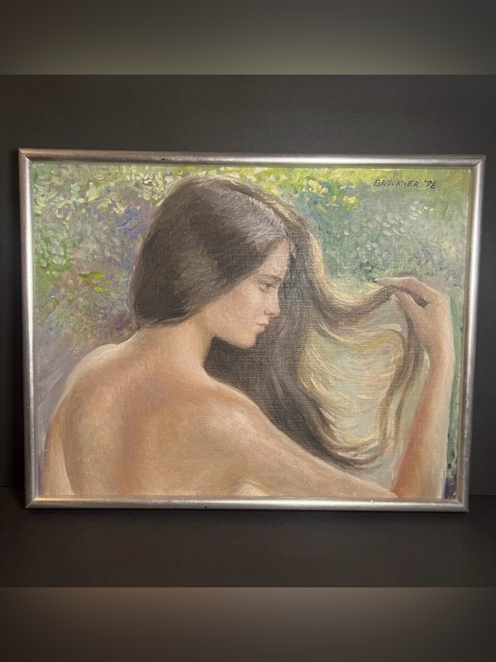 William Bruckner 1978 Oil Canvas Painting 'Woman Playing with Hair' Framed Art